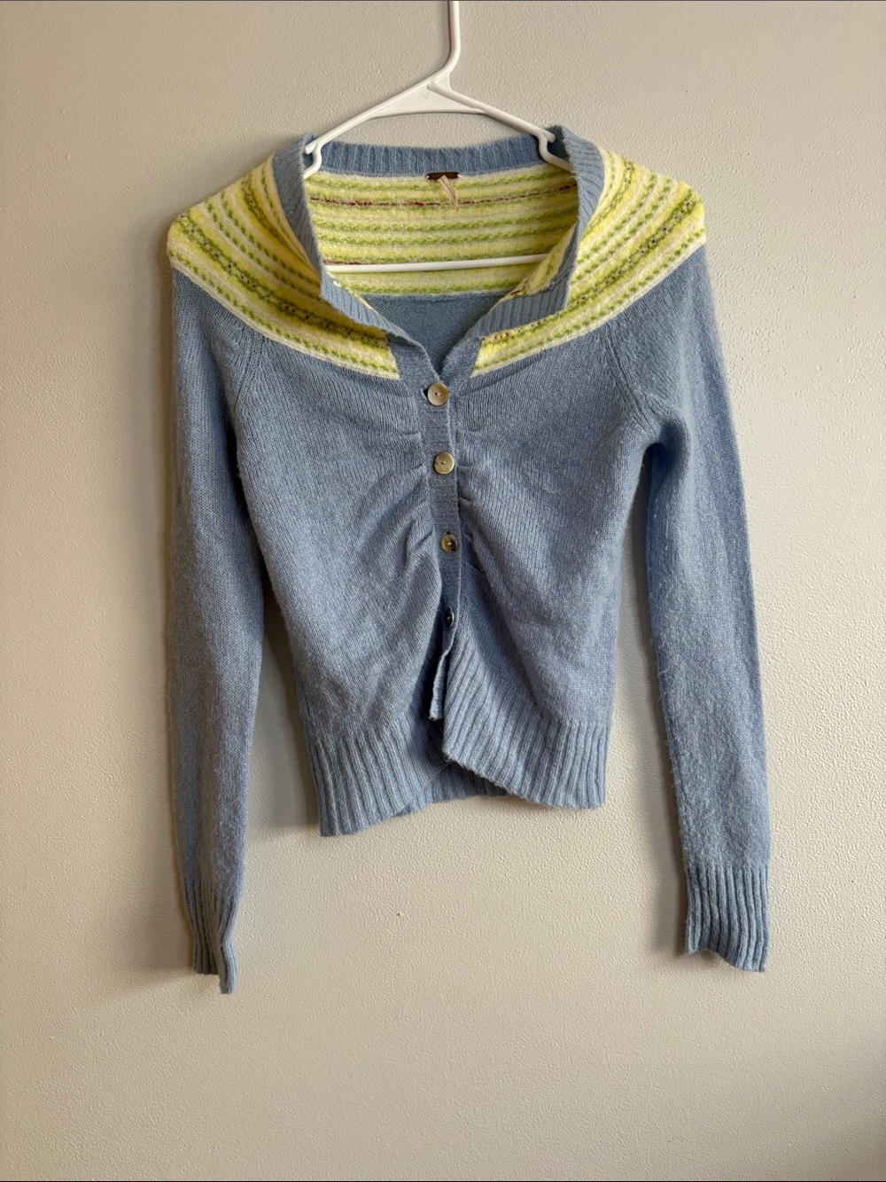 Free People Light Blue Cardigan with Yellow-Trim Yoke